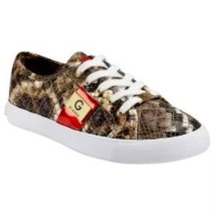 NEW G by Guess Sneakers, GGBACKER7, Taupe, Red and Gold Color, Size 8.5M US